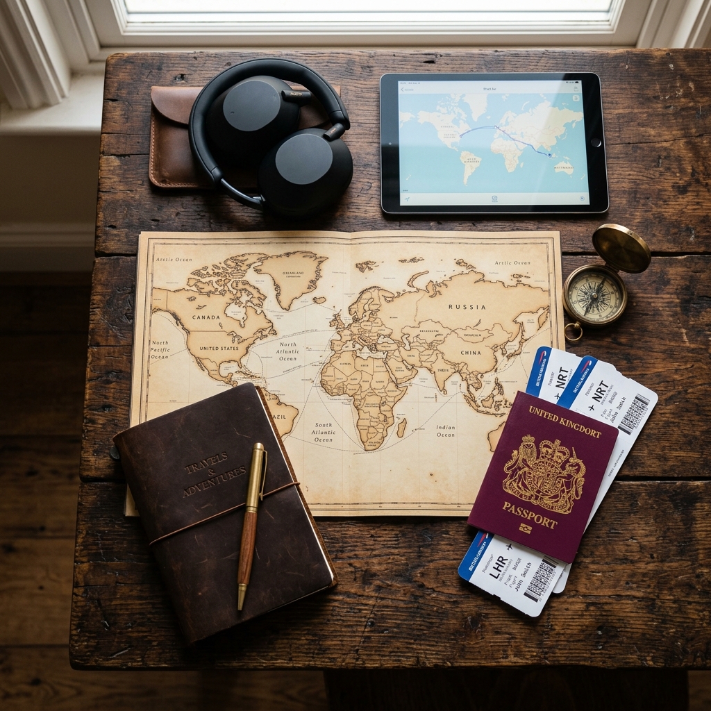 A beautifully organized travel flat lay on a dark wooden table featuring a world map, passport, vintage compass, noise-canceling headphones, tablet device, leather journal, and airplane tickets, top-down professional photography, warm ambient lighting, no people